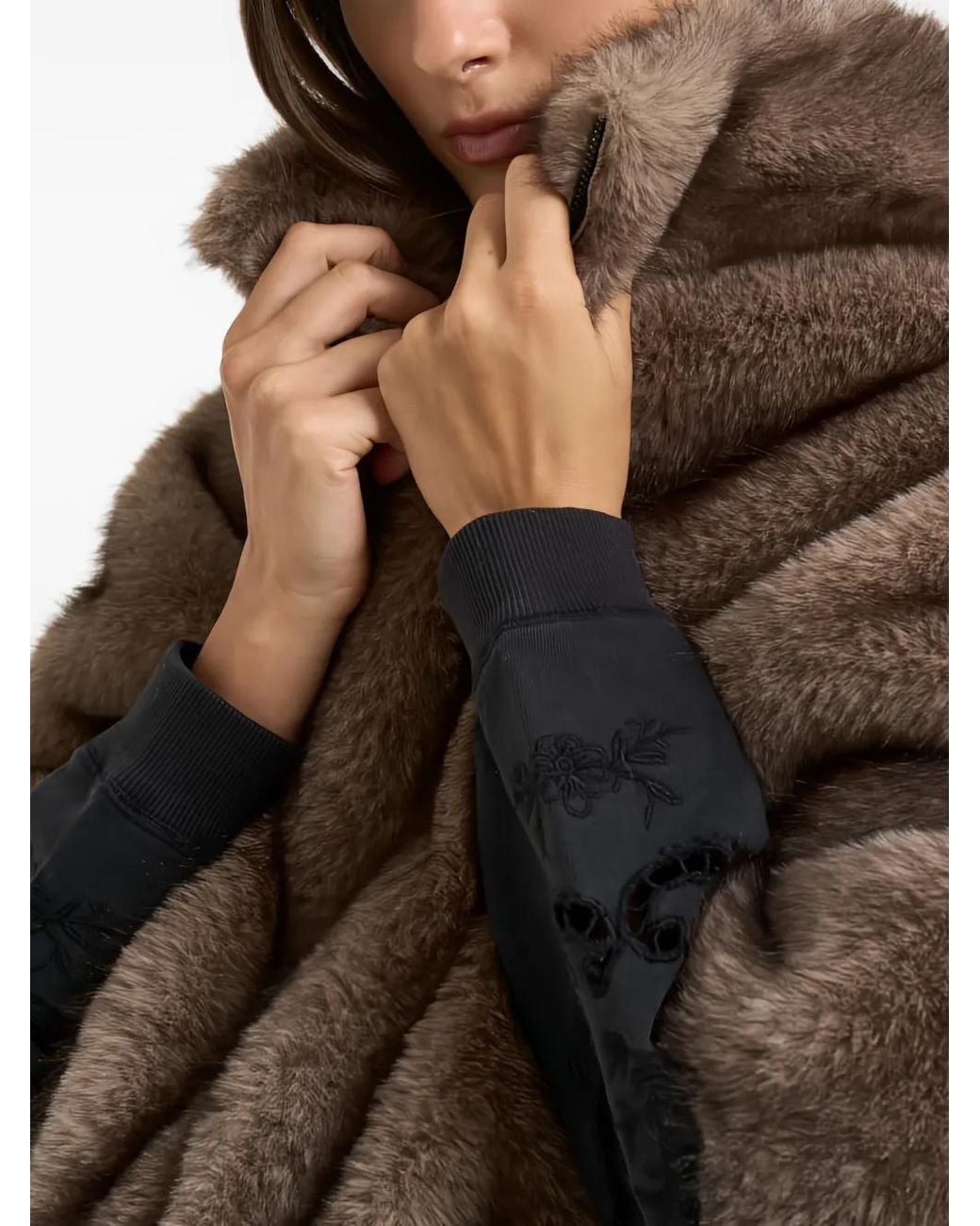 Valentini Brown Faux-Fur Short-Sleeve Jacket