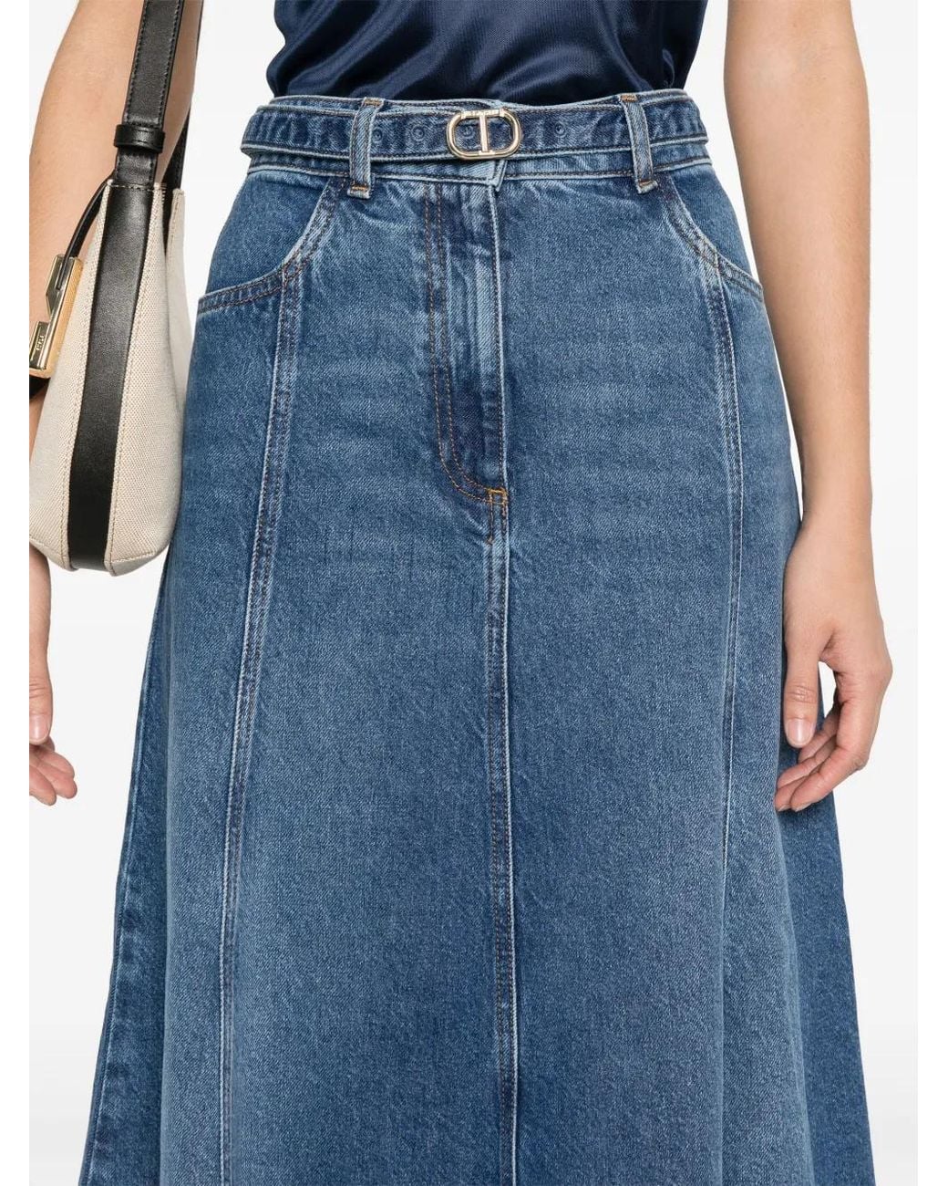Twinset Blue Oval T-Belt Denim Maxi Skirt