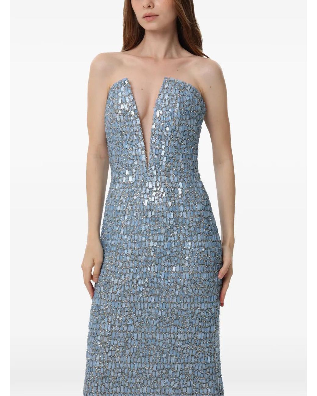 Dina Melwani Blue Crystal-Embellished Mesh Maxi Dress
