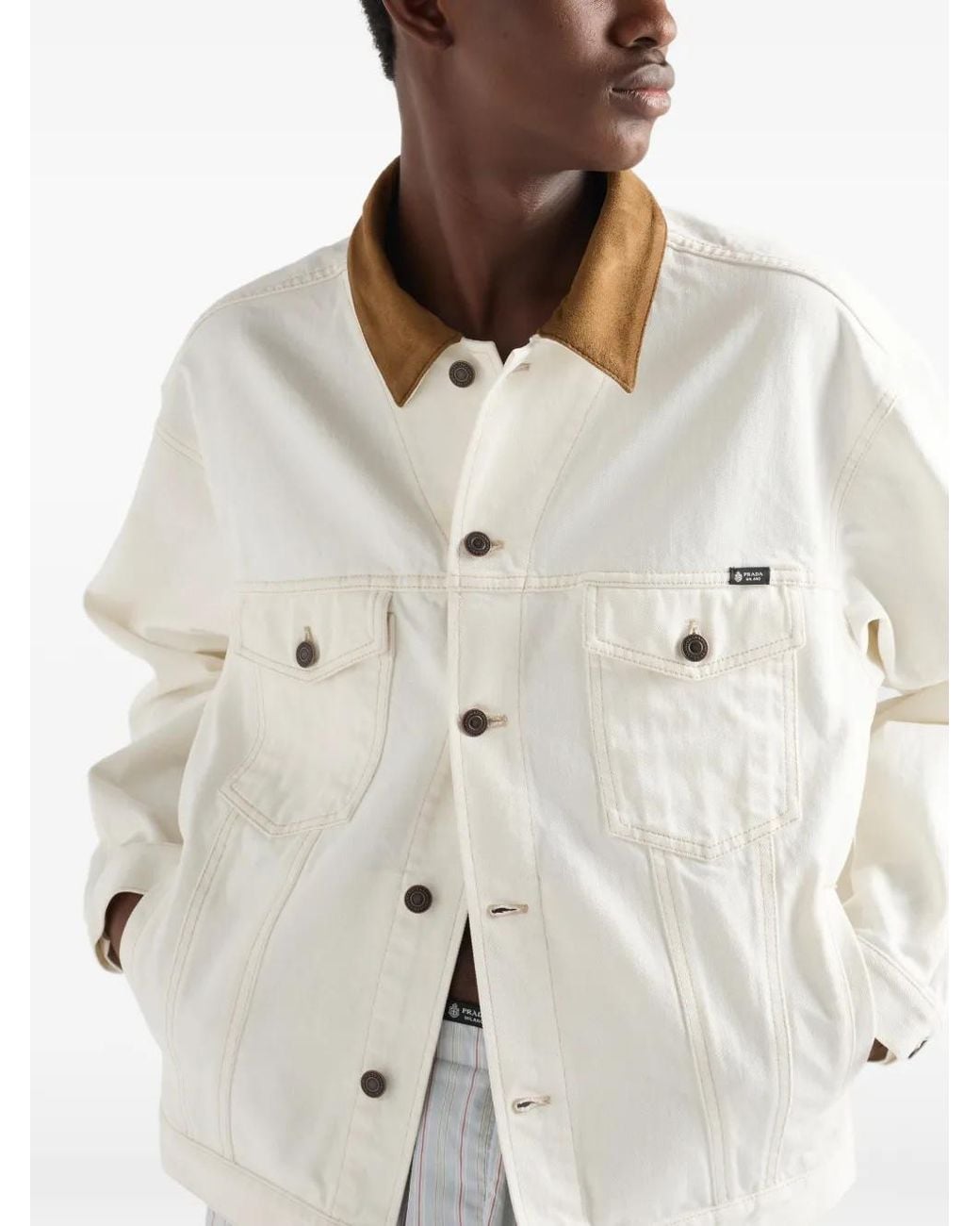 Prada White Veste Old En Jean À Détails En Cuir for men
