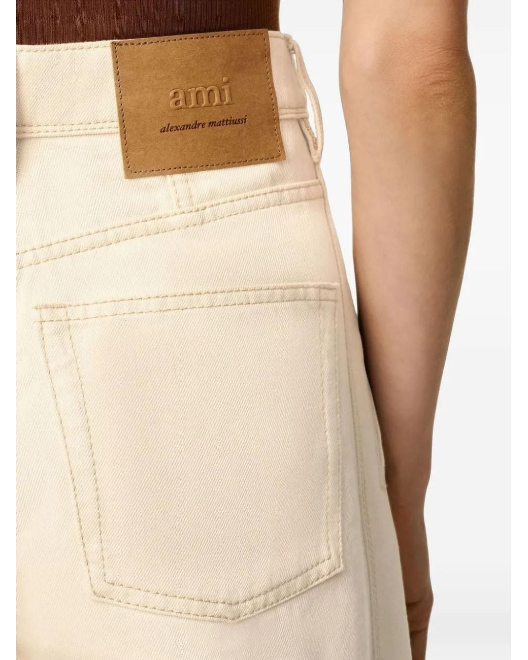 AMI White Topstitched Wide-Leg Jeans
