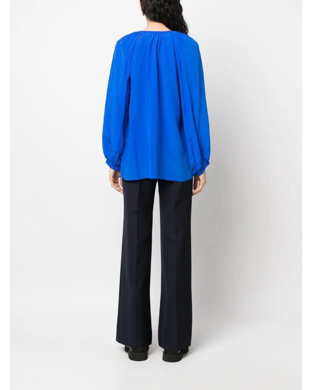 PHAEONIA Blue Self-Tie Silk Blouse
