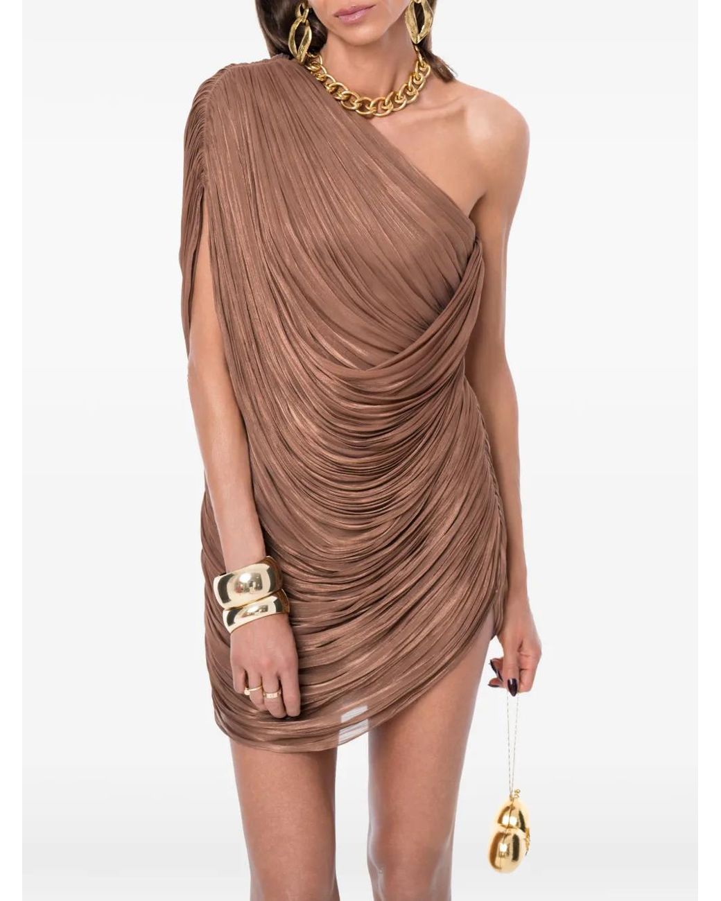 Ana Radu Brown Draped One-Shoulder Mini Dress