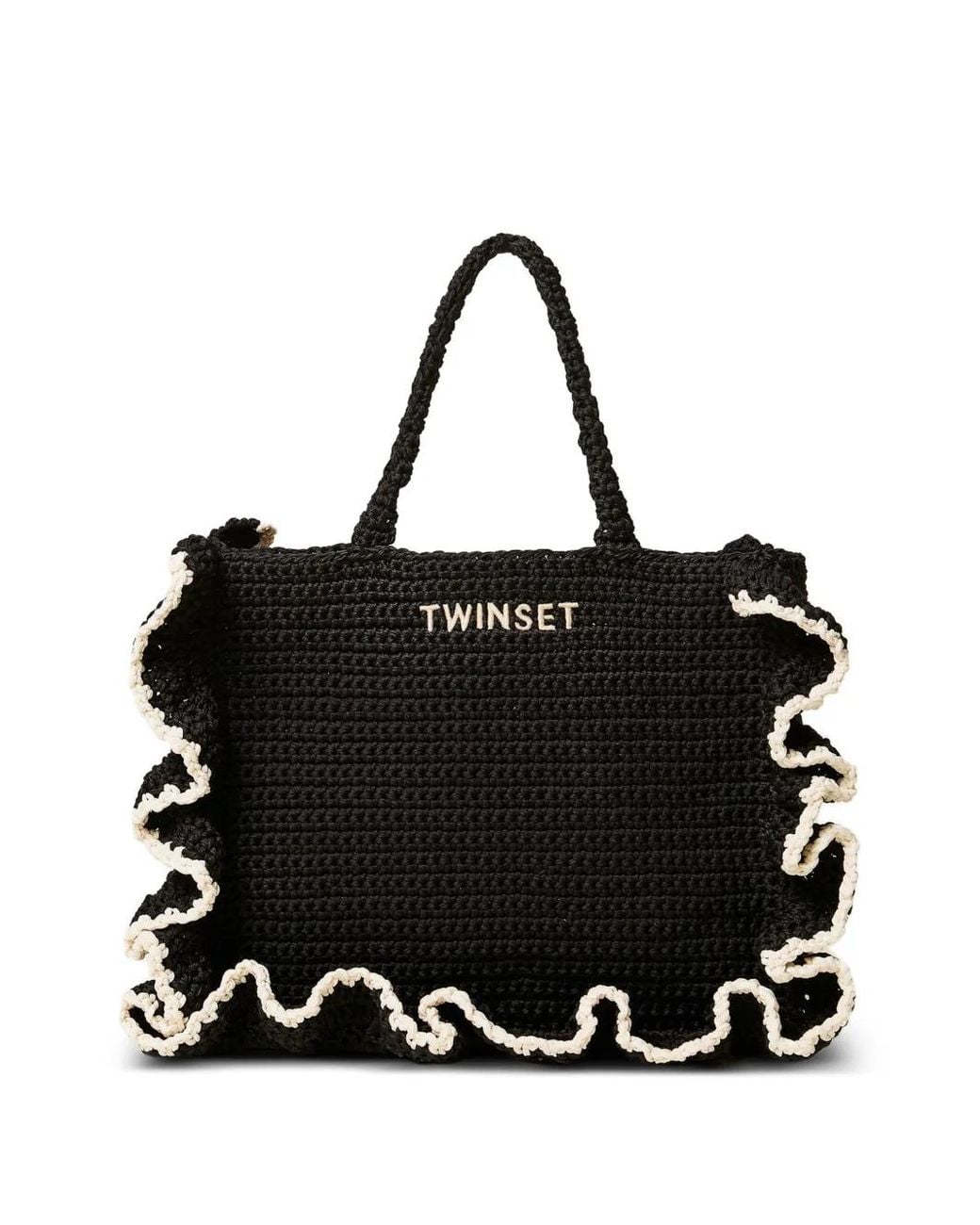 Twinset Black Ruffled-Trim Crochet Tote Bag