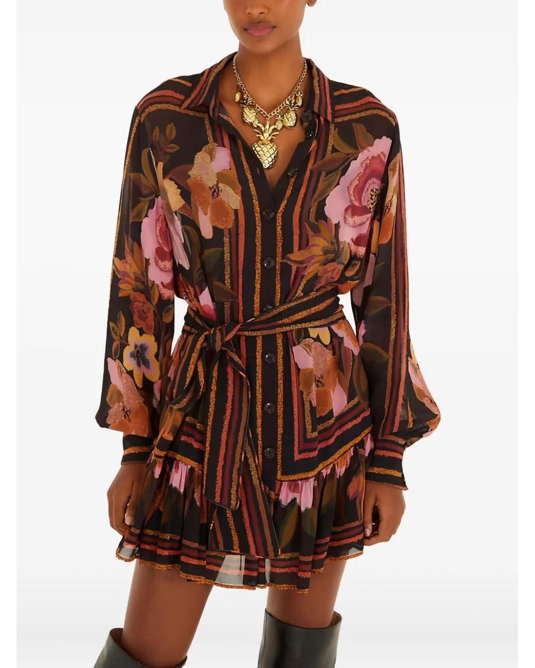 Farm Rio Brown Floral Striped Mini Dress