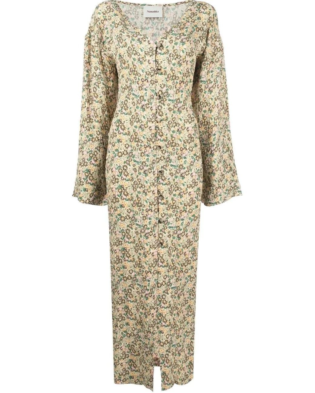 Nanushka Natural Floral-Print Button-Down Maxi Dress