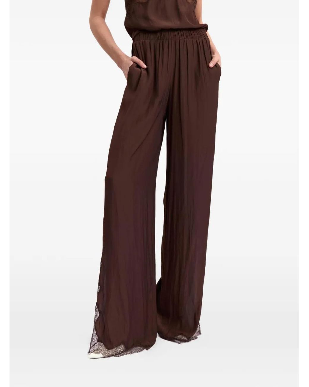 16Arlington Brown Ricci Lace-Trim Satin Palazzo Pants
