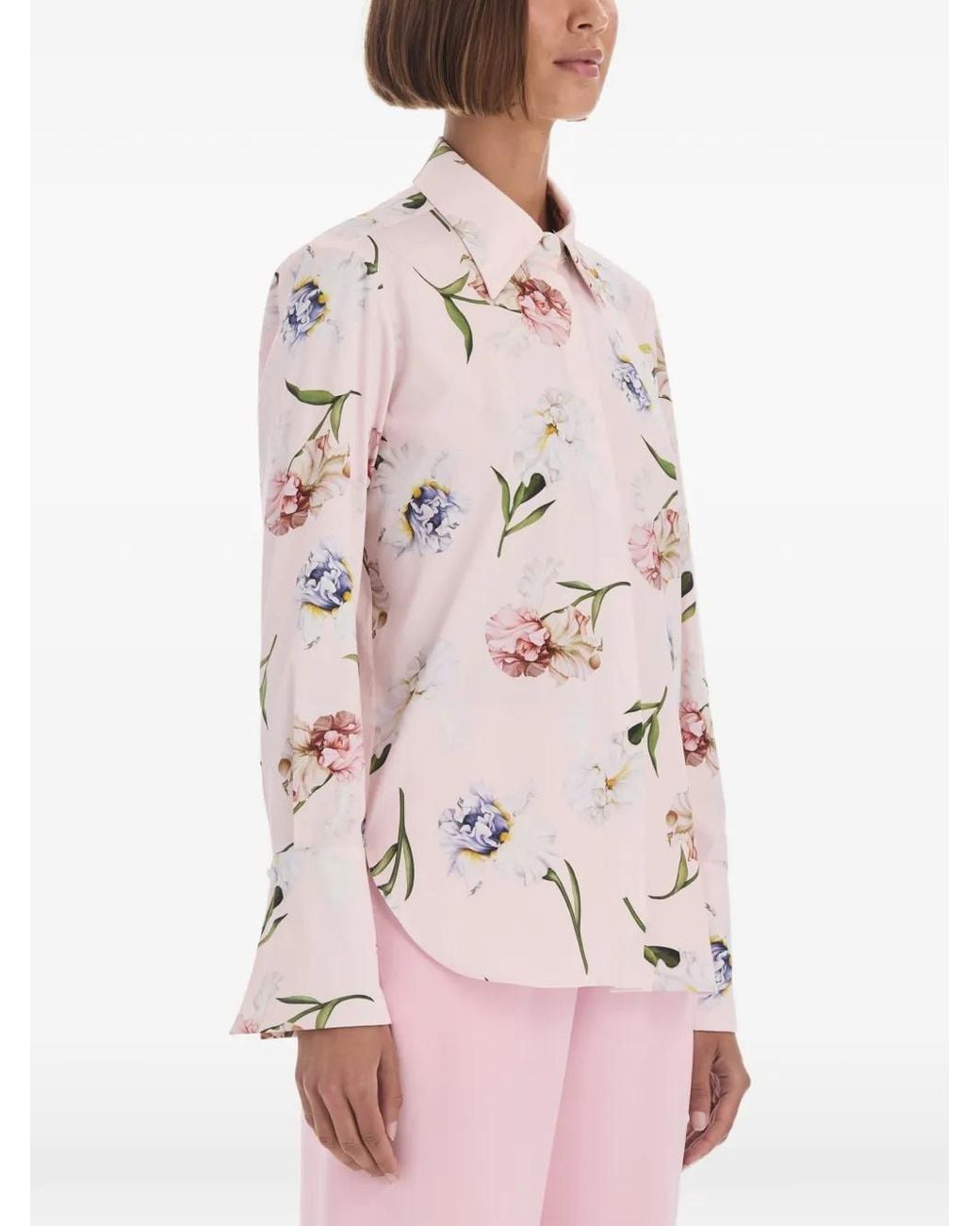Oscar de la Renta Pink Iris-Painted Poplin Blouse