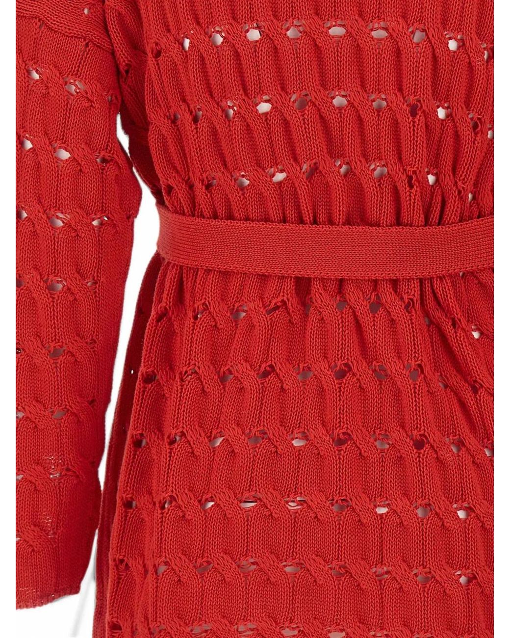 Kangra Red Cardigan Ceinturé En Maille Ajourée