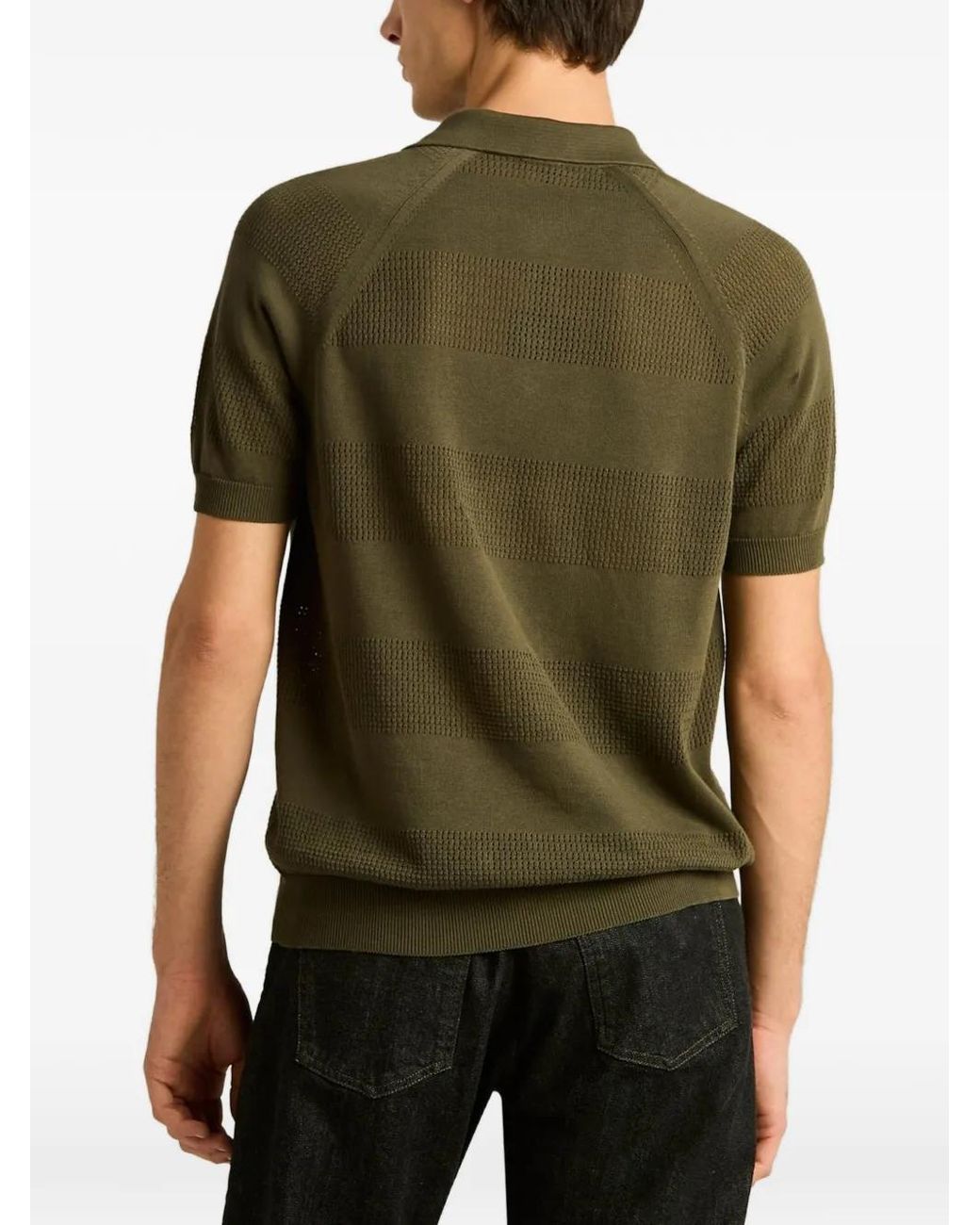 Kiton Green Openwork-Stripe Zipped Polo Shirt for men