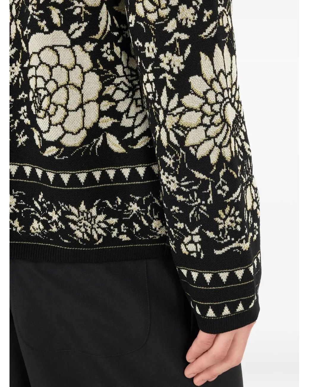 Roberto Cavalli Black Floral-Pattern Wool Sweater for men