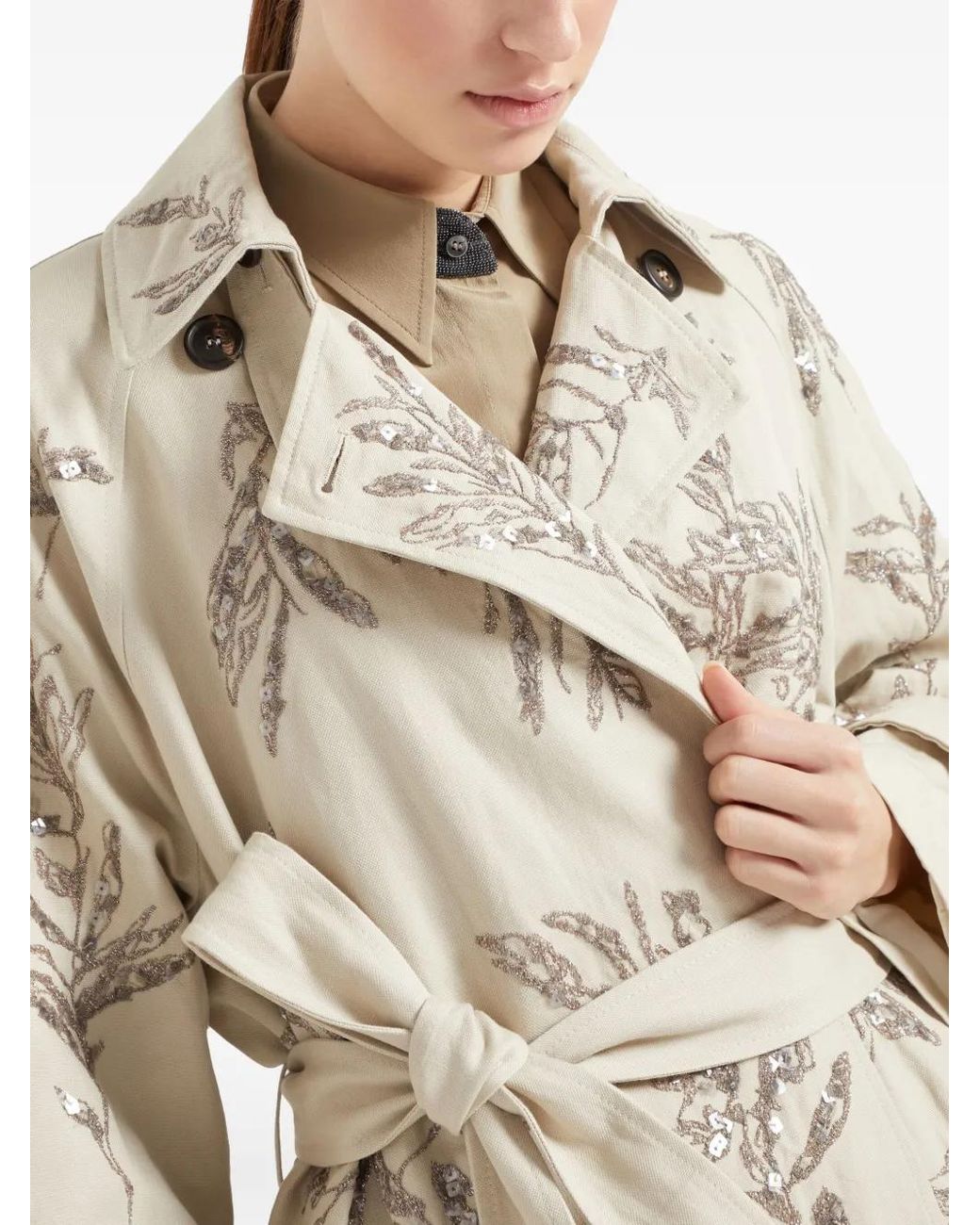 Brunello Cucinelli Natural Cotton-Linen Floral Trench Coat
