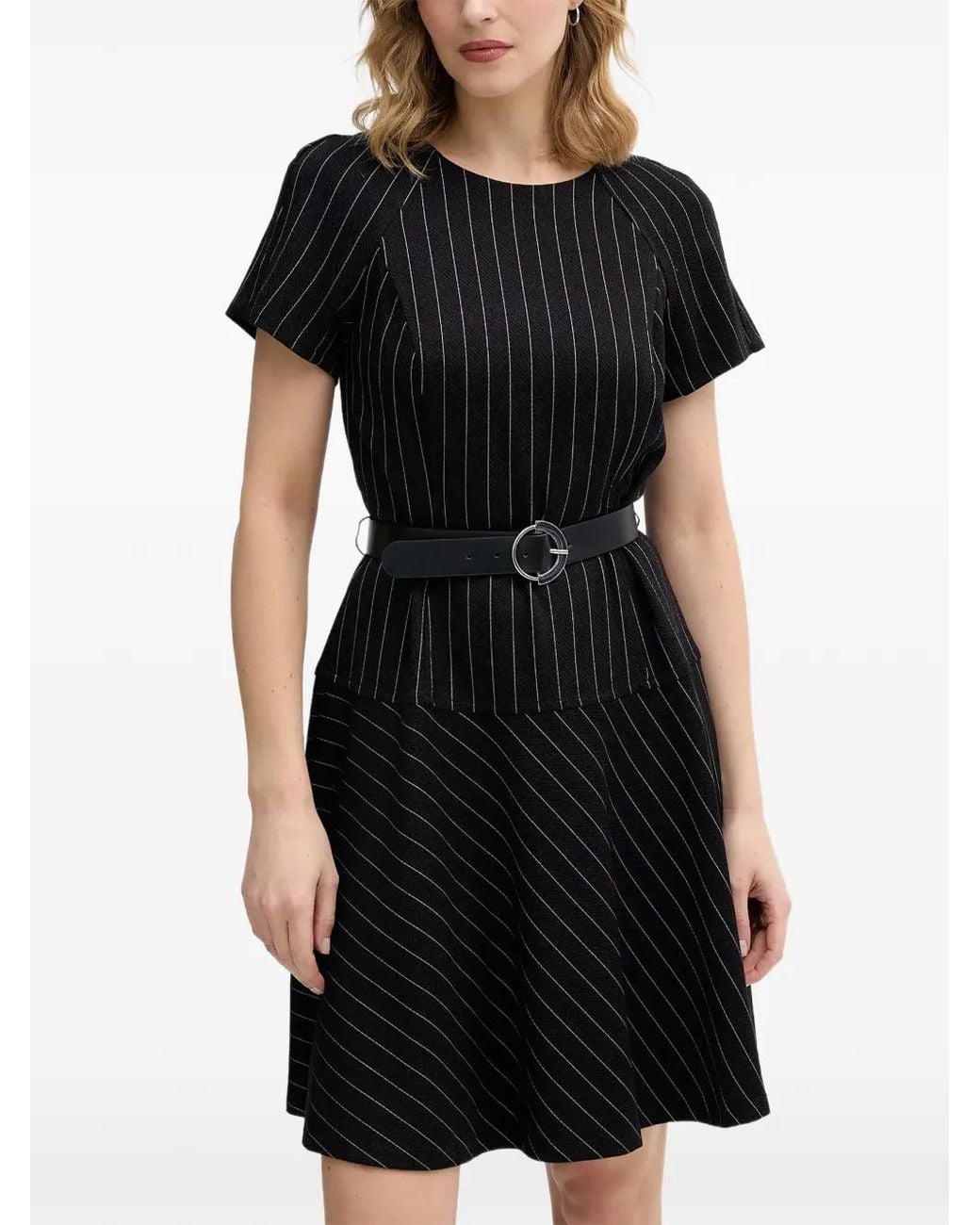 DKNY Striped Belted Mini Dress in Black