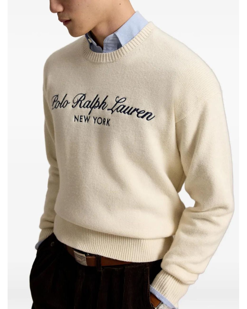 Polo Ralph Lauren Natural Cream-Colored Wool And Cotton Knit Crew-Neck Sweater With Logo Embroidery On The Chest for men