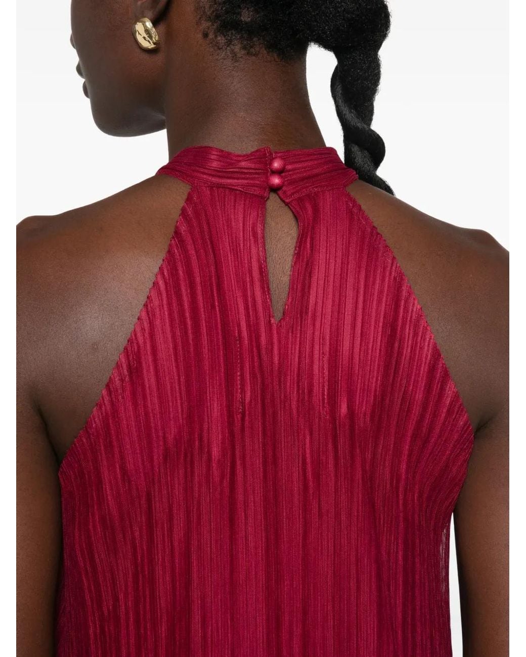 GONGDID DESIGN Red Plissé-Effect Halter-Neck Midi Dress