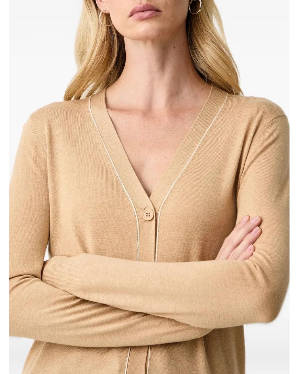 Silvian Heach Natural Piped-Trim V-Neck Cardigan