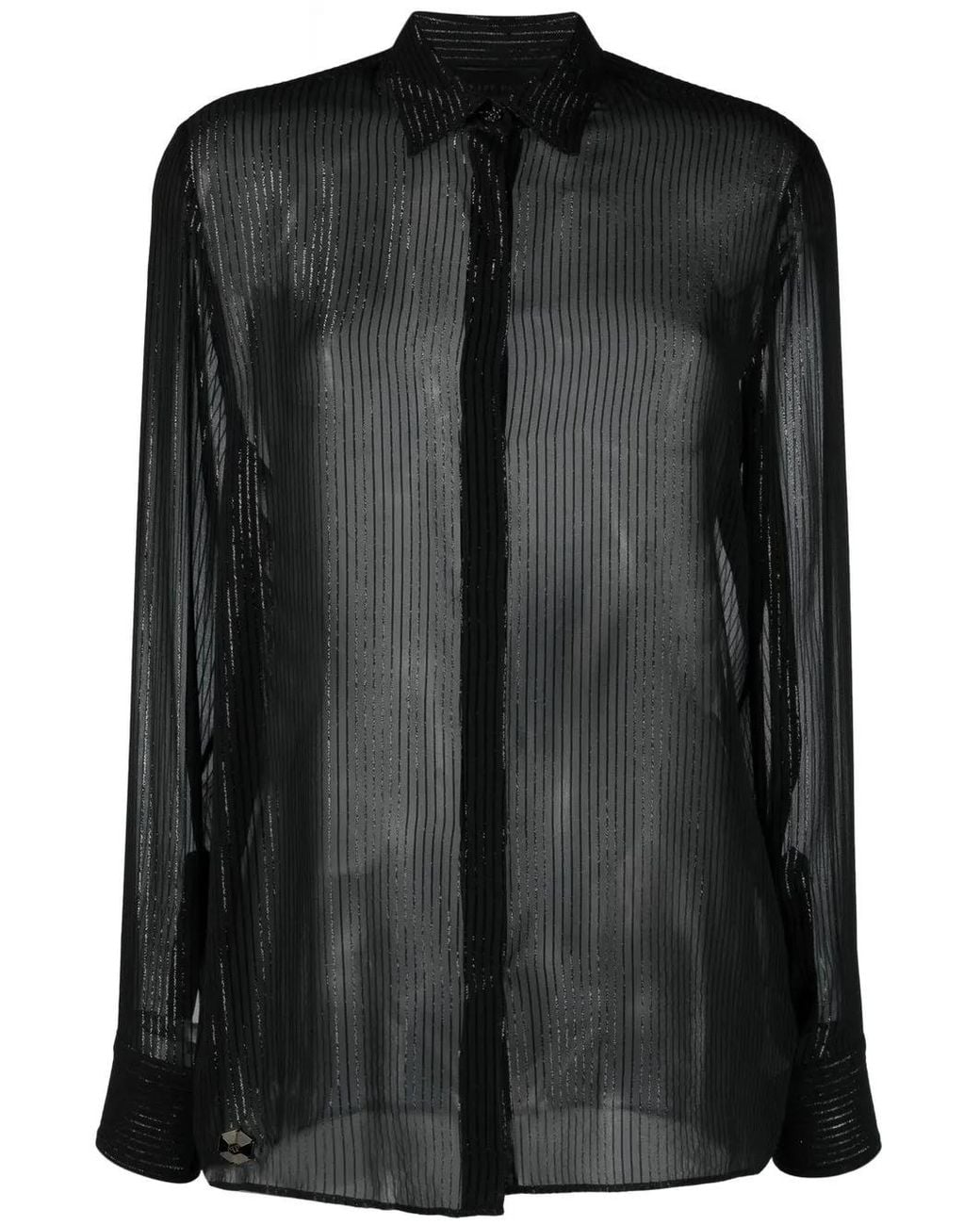 Philipp Plein Black Semi-Sheer Button-Down Shirt