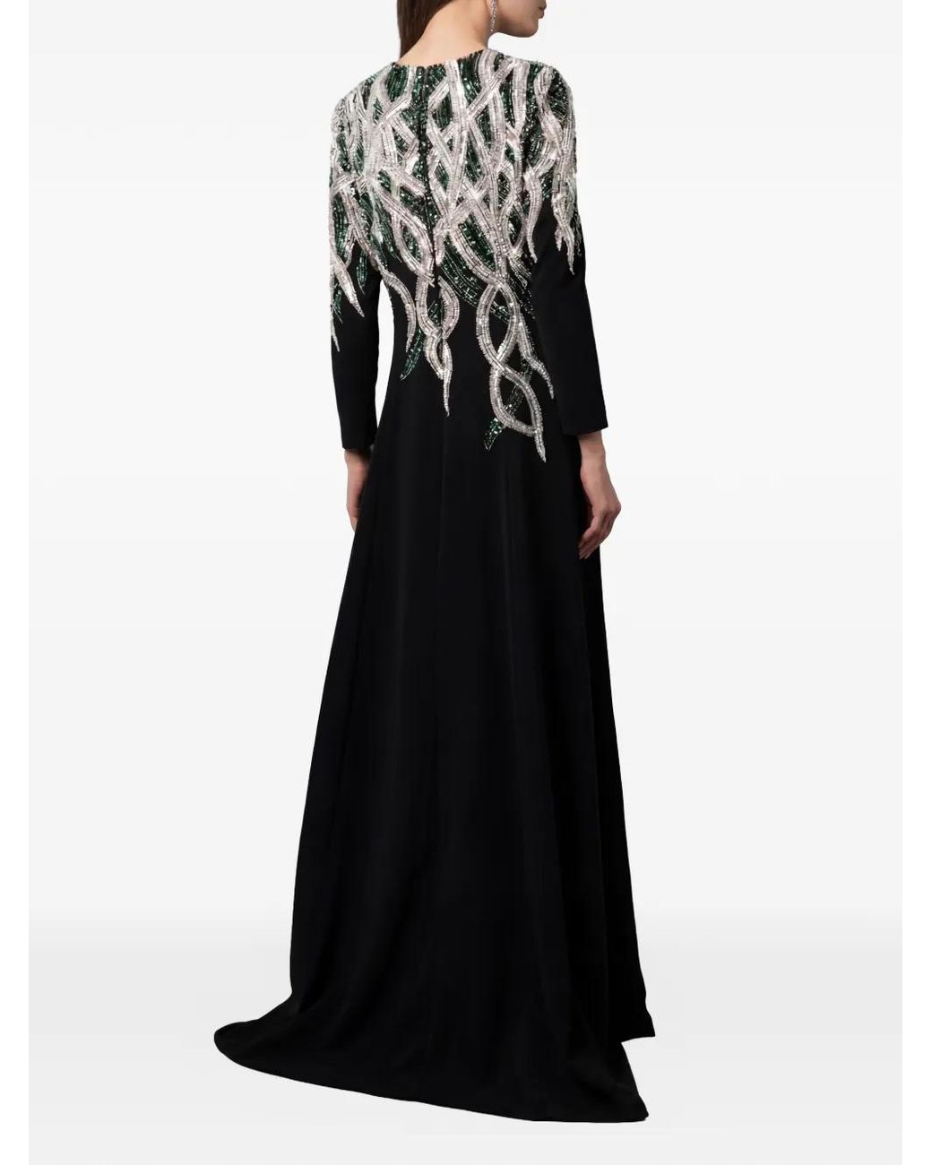 Dina Melwani Black Robe Longue À Broderies En Cristal