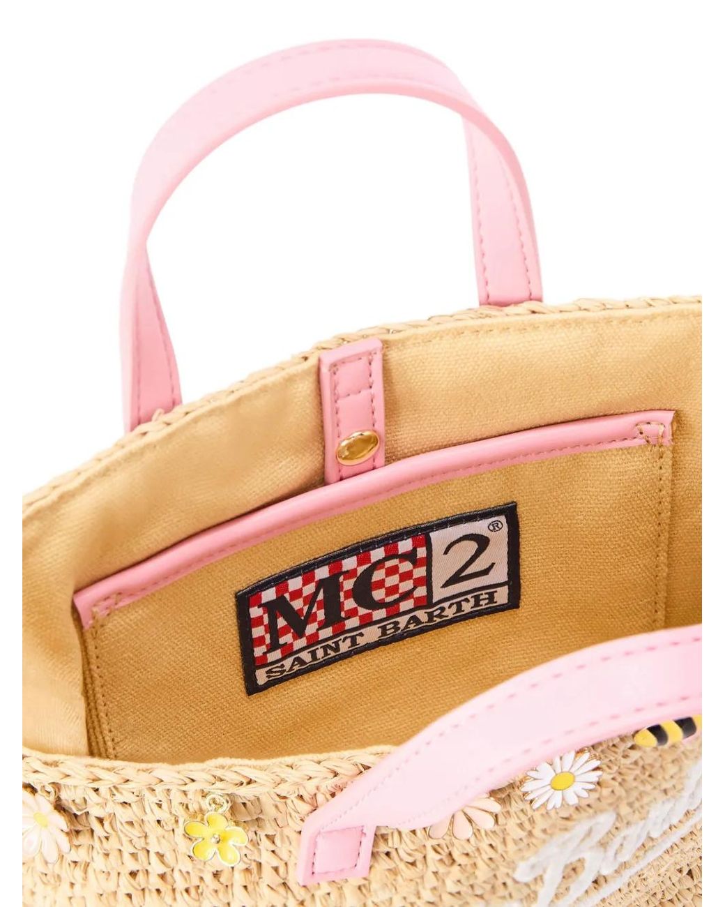 Mc2 Saint Barth Natural City Mini Raffia Bag With Applied Charms And Embroidered Logo