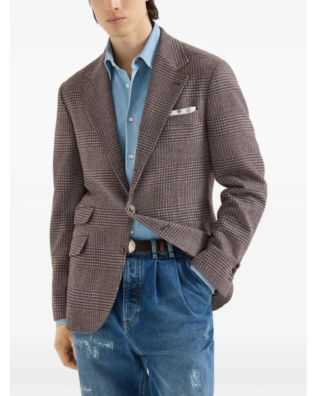 Brunello Cucinelli Brown Comfort Wool And Cashmere Prince Of Wales Flannel Deconstructed Cavallo Blazer for men