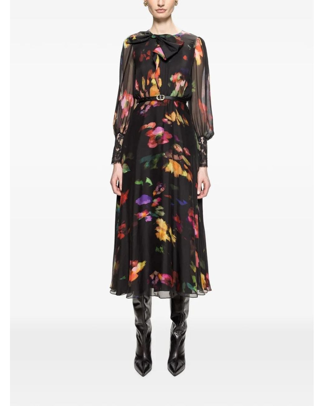 Nissa White Floral Silk Bow Midi Dress