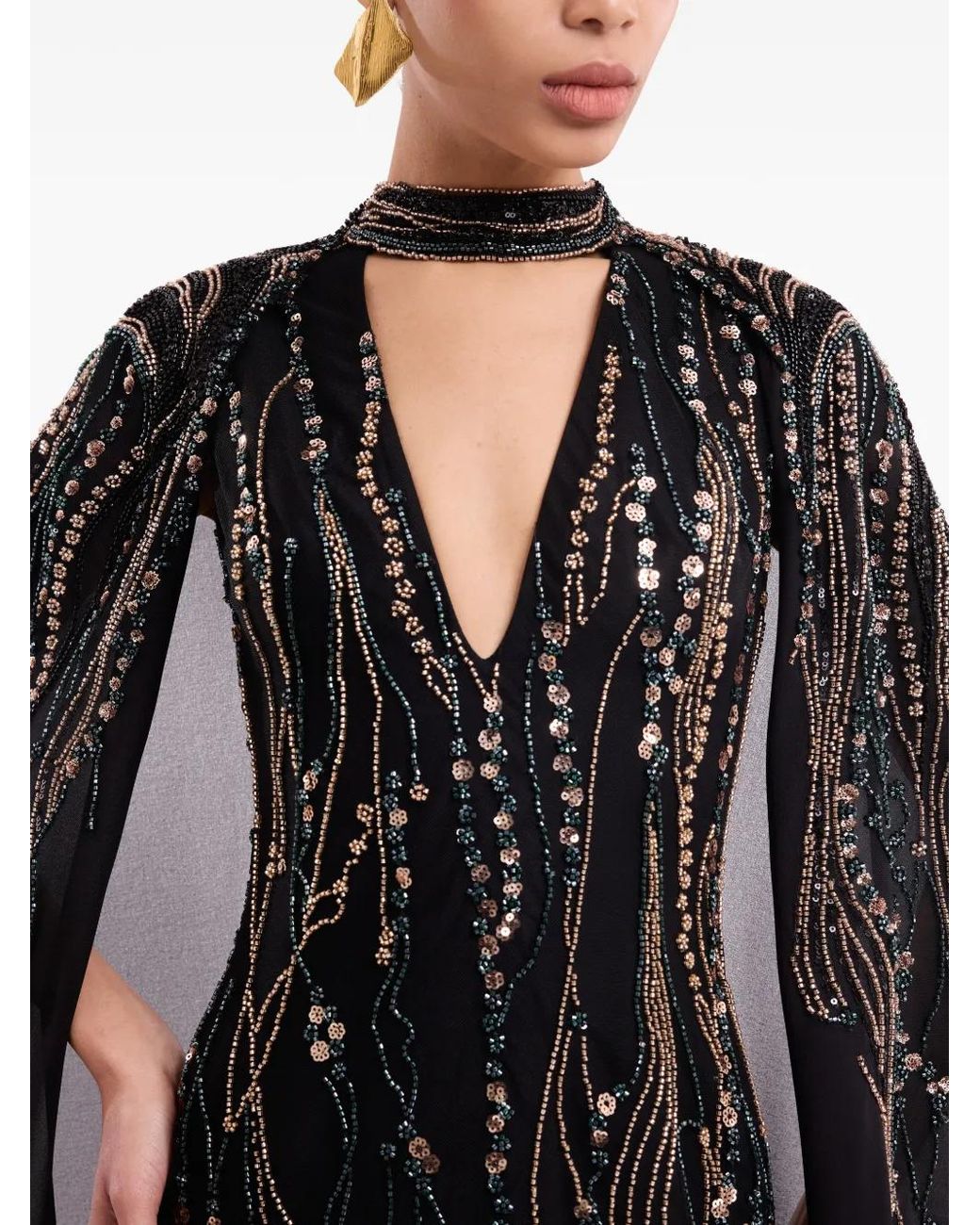 Gemy Maalouf Black Robe Longue À Manches Cape Et Ornements De Perles
