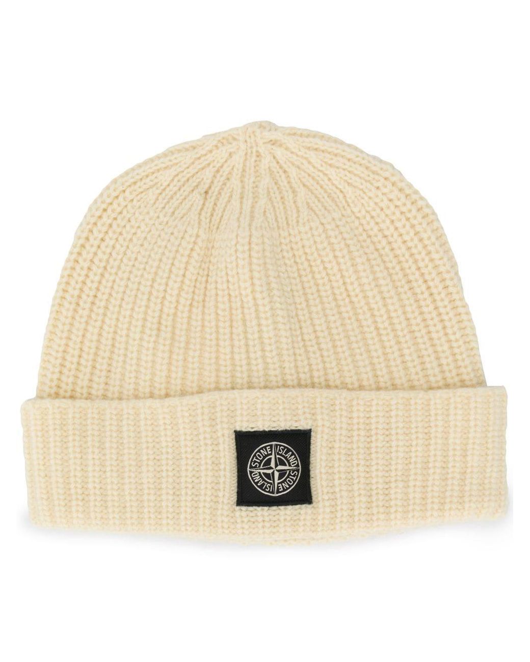 Stone Island Wool Ribbed Knit Beanie in Natural for Men - Lyst