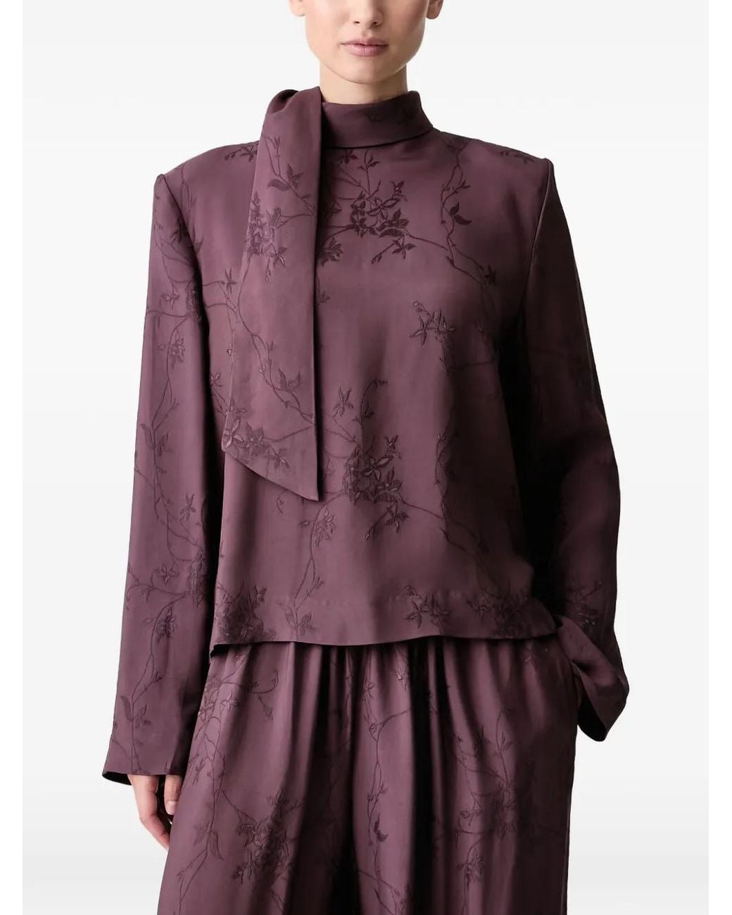 Stine Goya Purple Floral-Embroidered Pussy-Bow Blouse