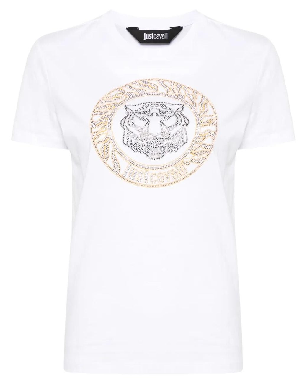 Just Cavalli White Tiger Head Studded Cotton Tee