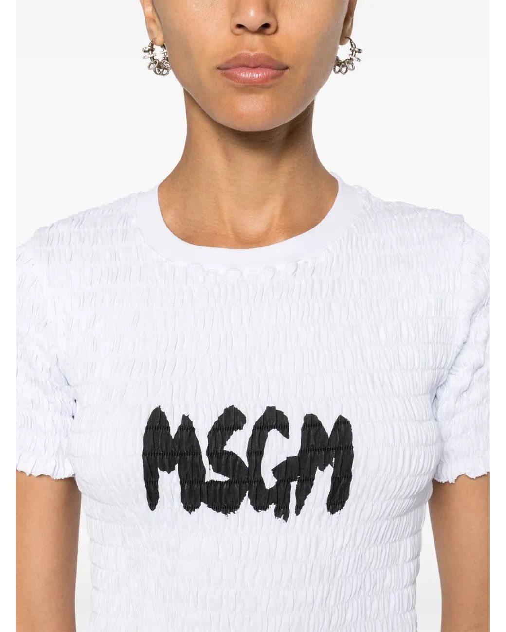 MSGM White Logo-Print Smocked T-Shirt