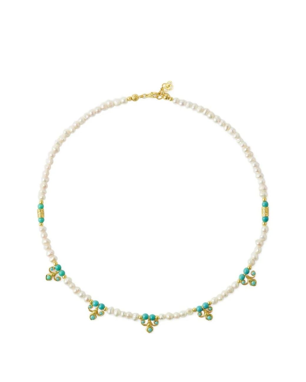 Ottoman Hands Metallic Amelie Pearl And Turqoise Beaded Necklace