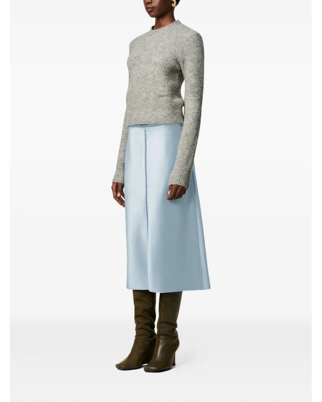 AMI Blue Raw-Edge Midi Skirt