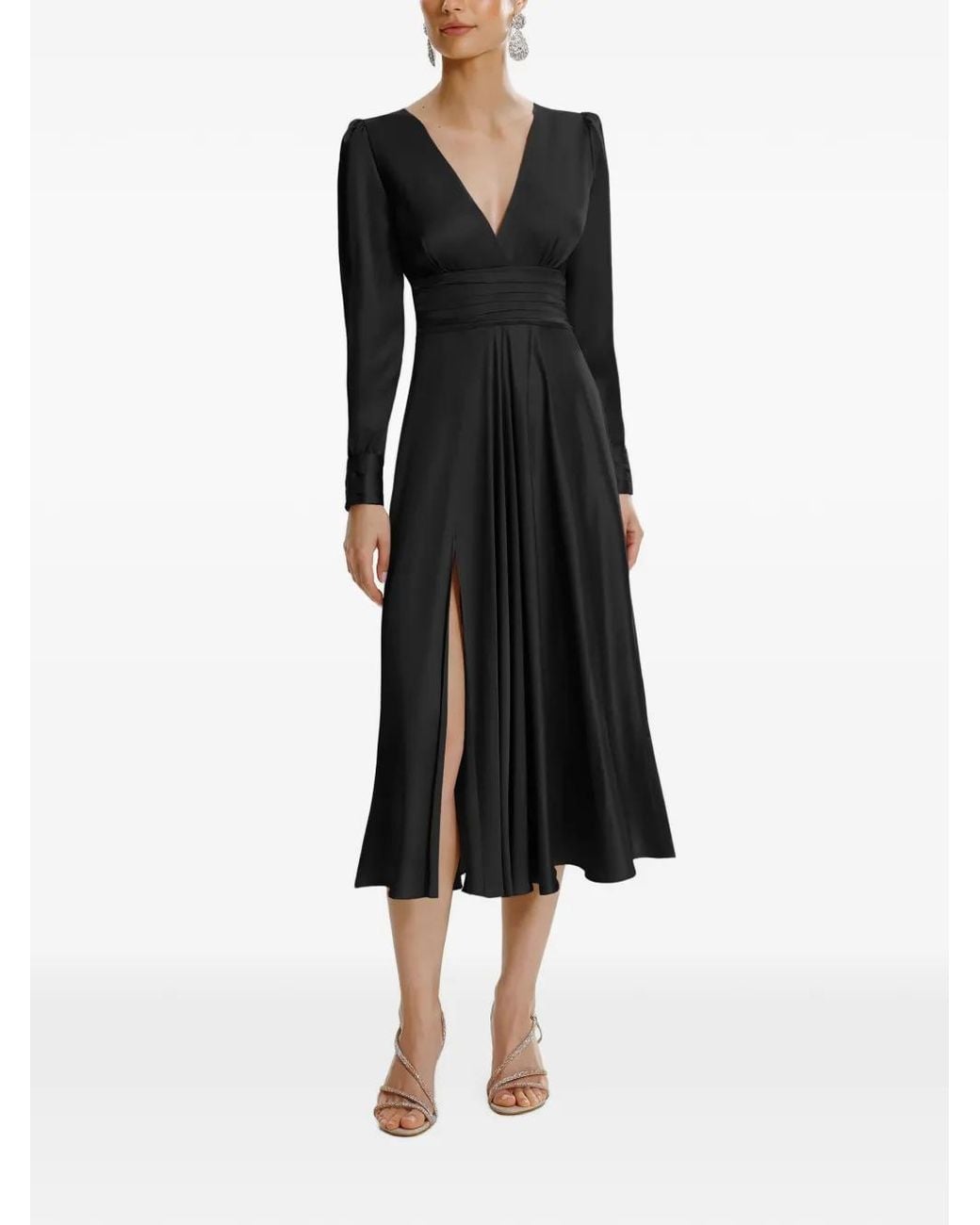 Framboise Black Yuno V-Neck Long-Sleeve Midi Dress