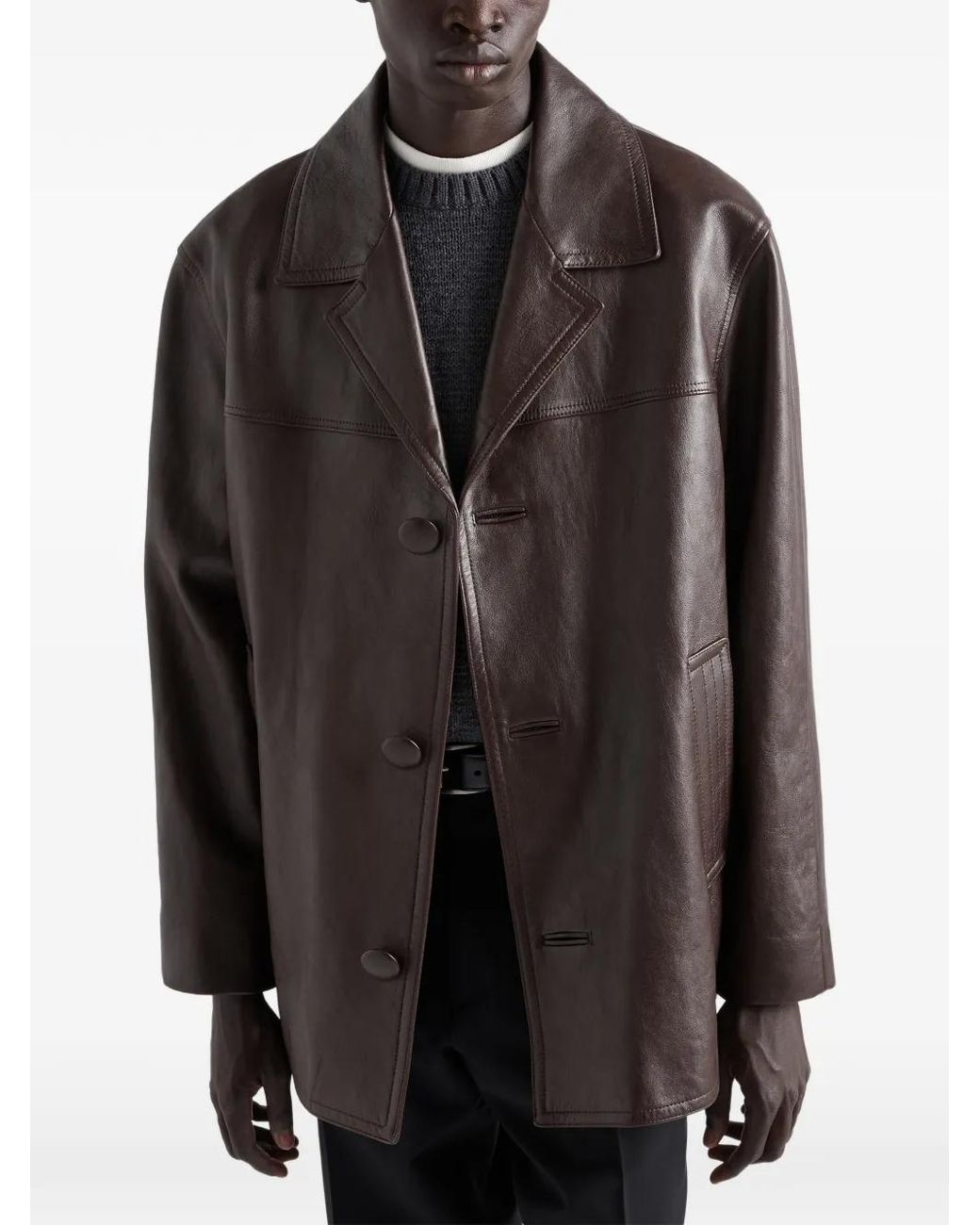 Prada Brown Nappa Leather Caban Jacket for men
