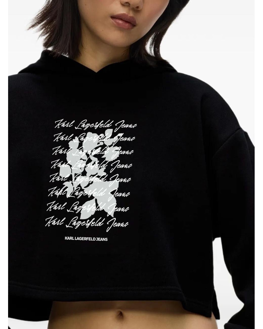 Karl Lagerfeld Black Cropped Flocked Floral Hoodie
