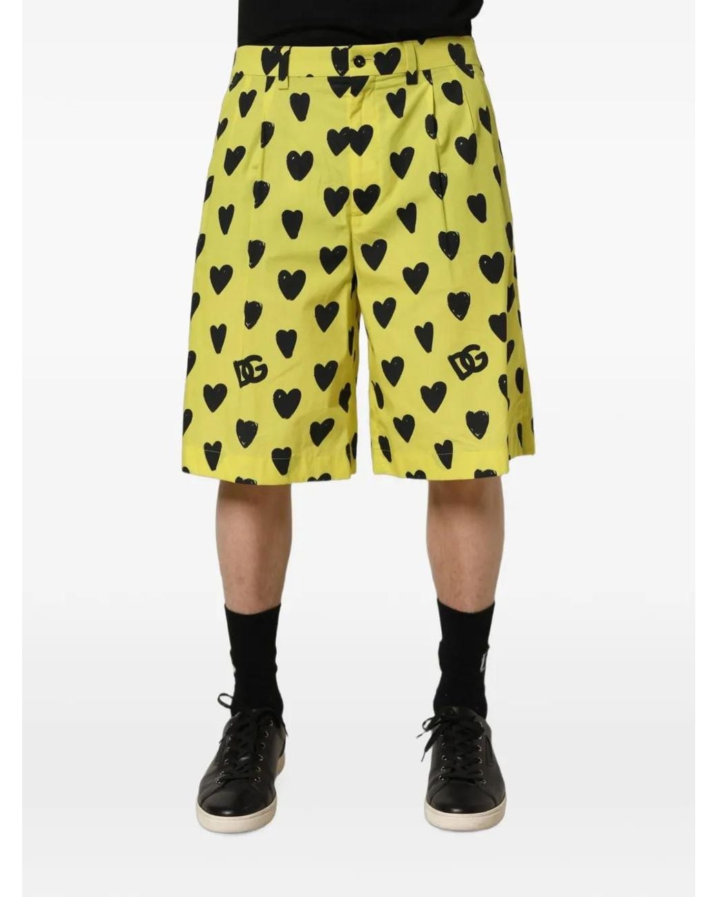Dolce & Gabbana Yellow Cotton Heart-Print Bermuda Shorts for men