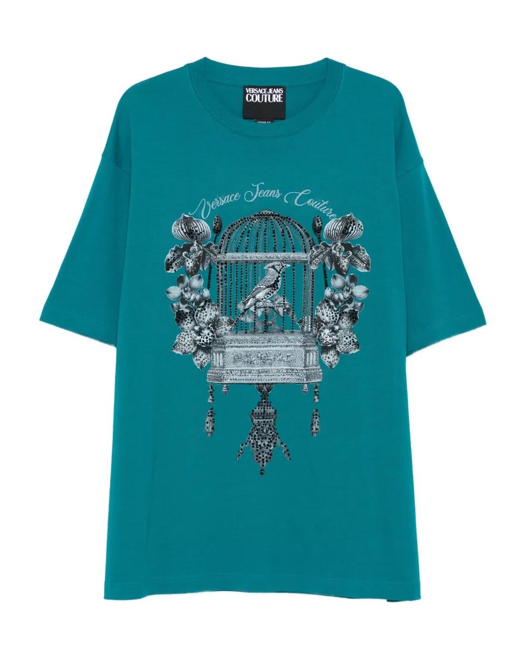 Versace Jeans Couture Blue Birdcage-Print Embellished T-Shirt for men