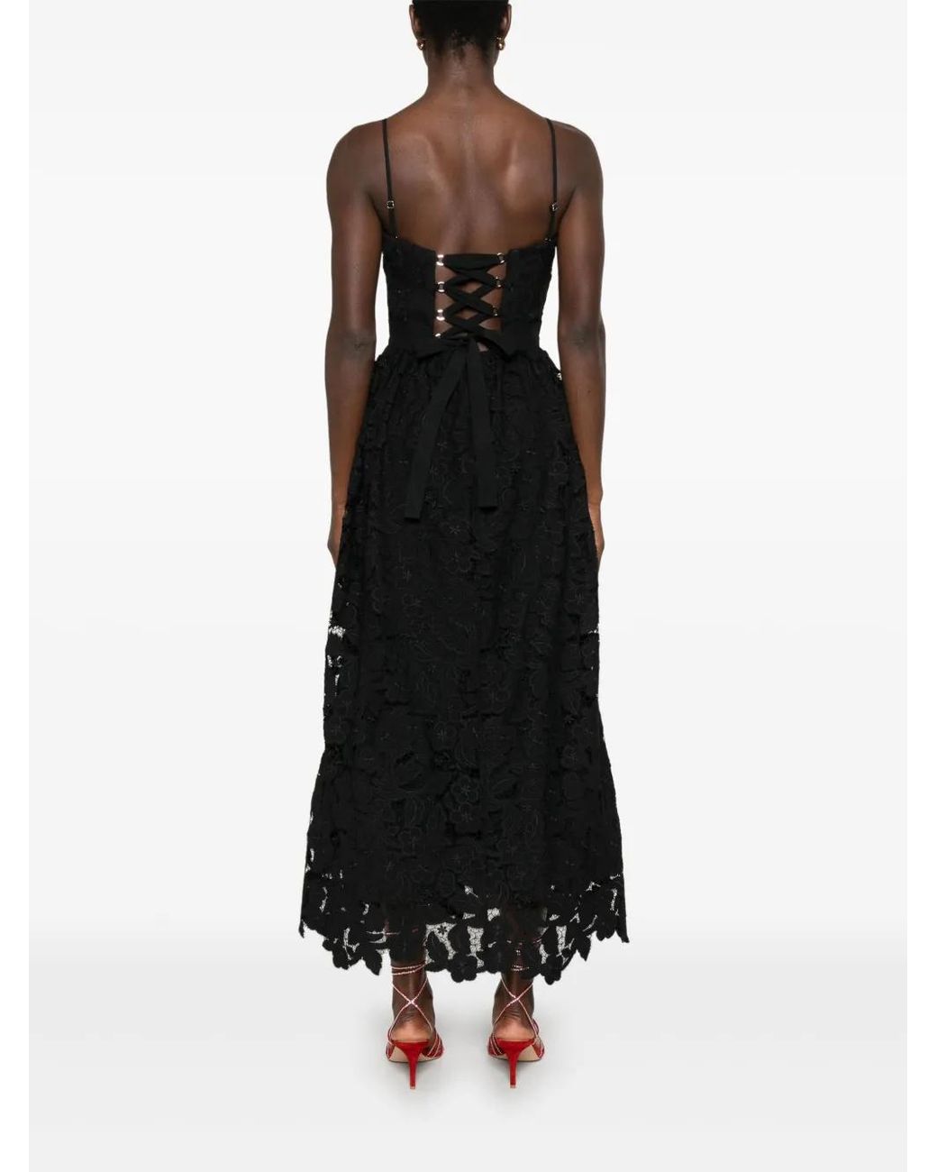 Nissa Black Floral-Lace Midi Dress