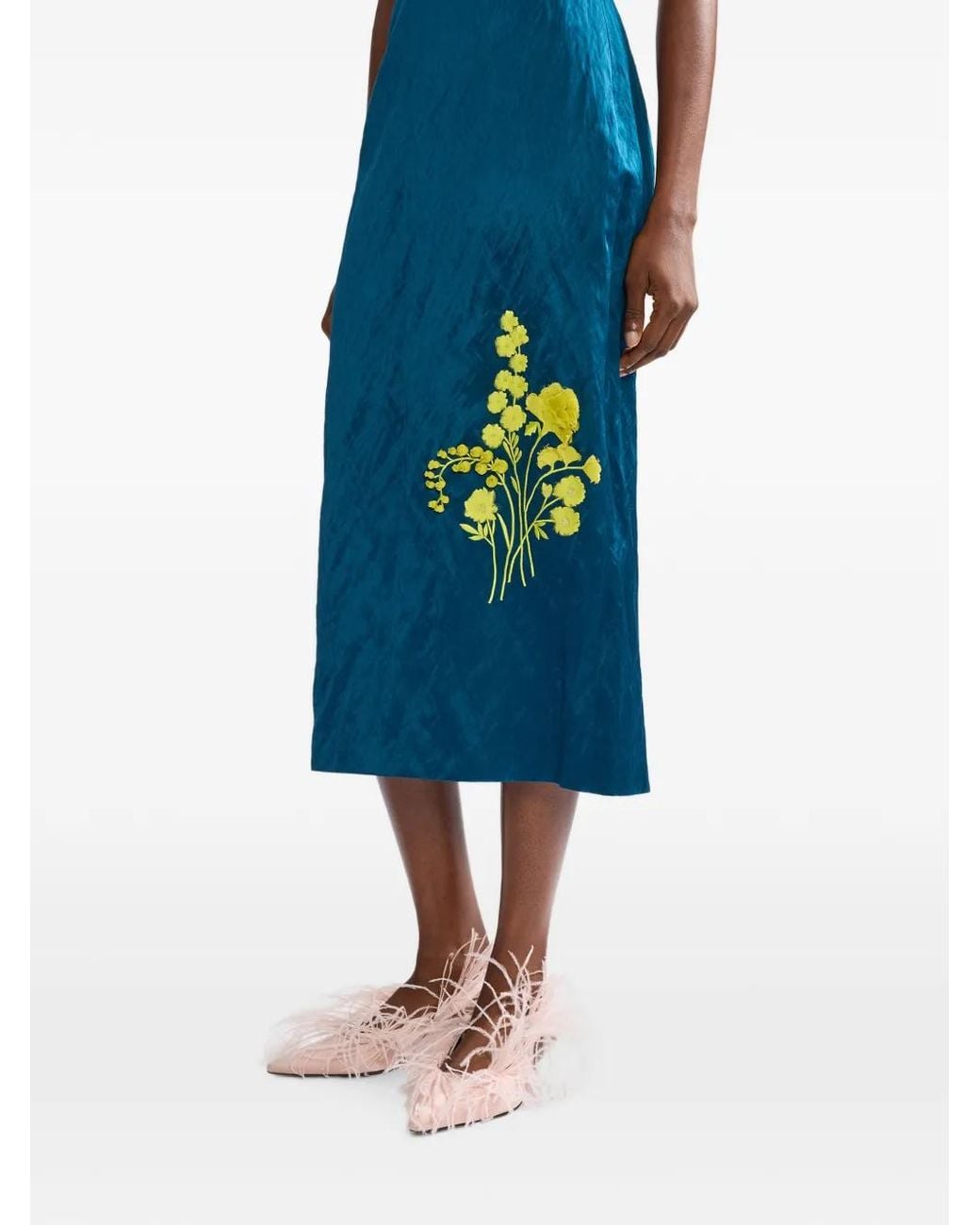 Erdem Blue Embroidered Textured-Satin Midi Skirt
