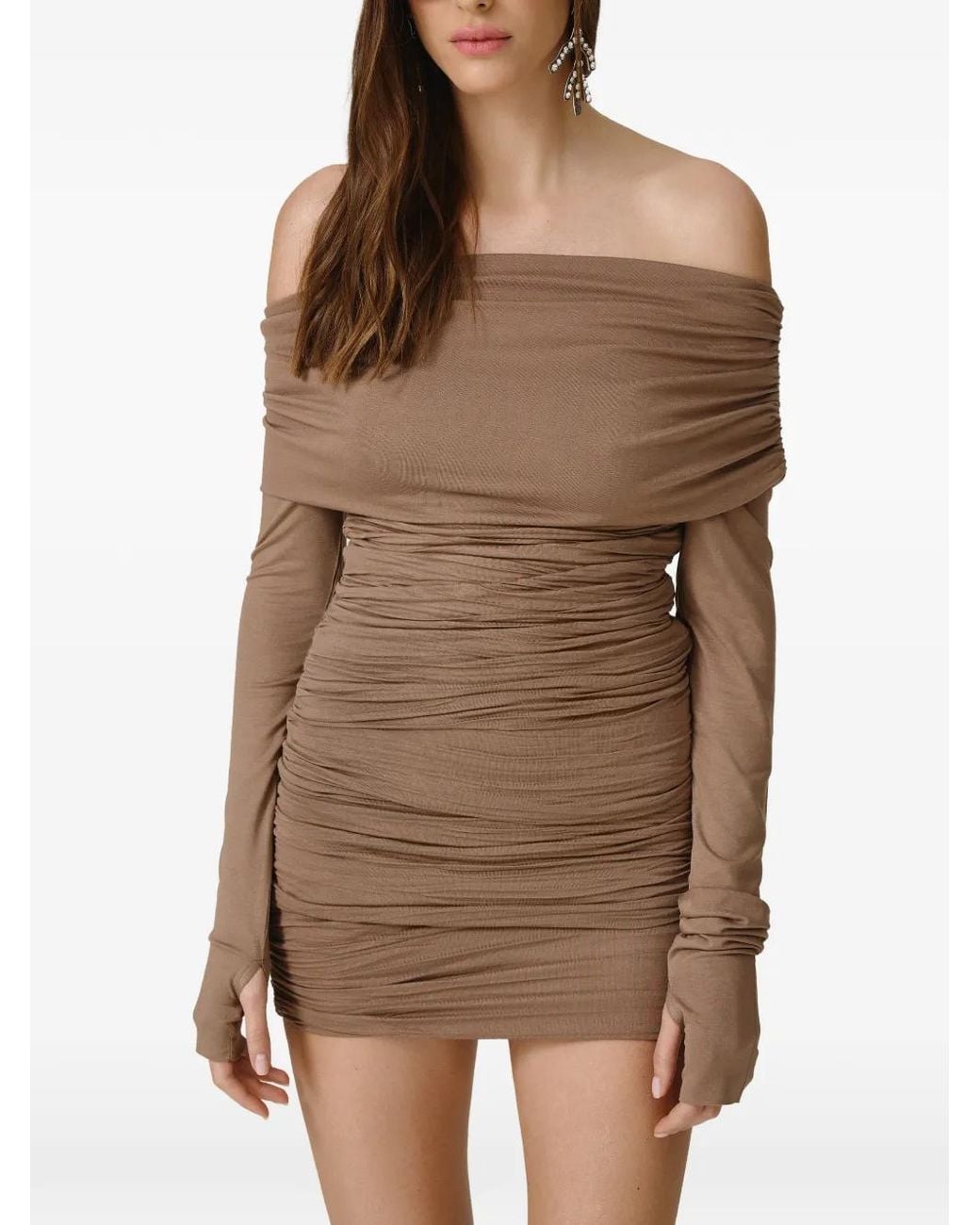 Pink Brown Off-Shoulder Gathered Midi Dress