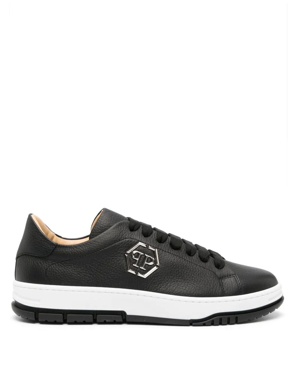 Philipp Plein Black Logo-Plaque Pebbled Leather Sneakers