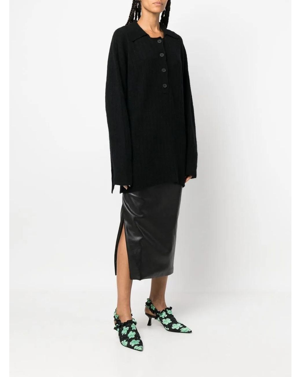 Rus Black Button-Front Ribbed Jumper