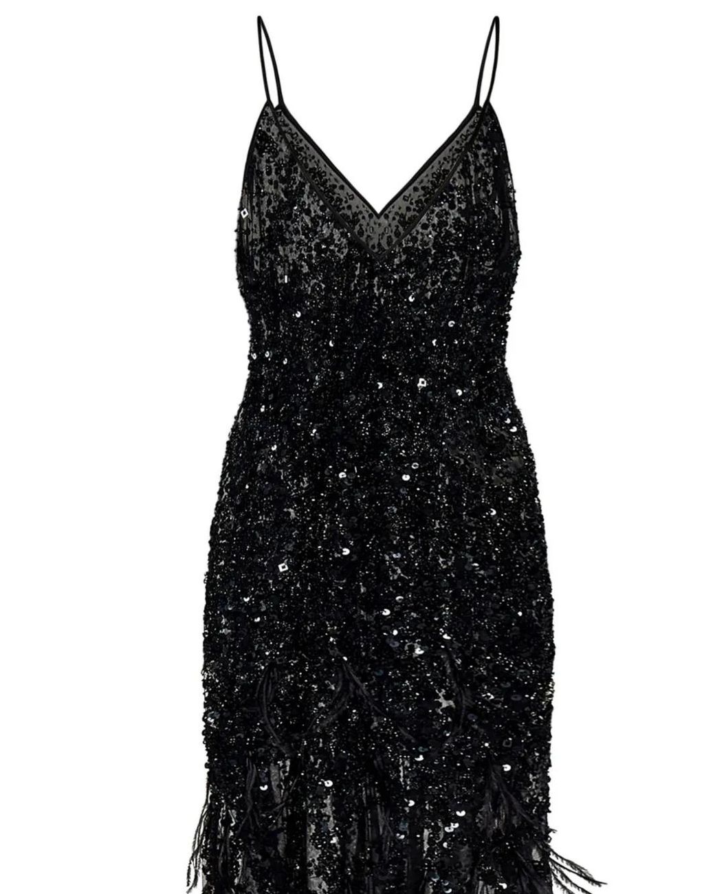 ROOM76 Black Sequin-Feather Embellished V-Neck Dress