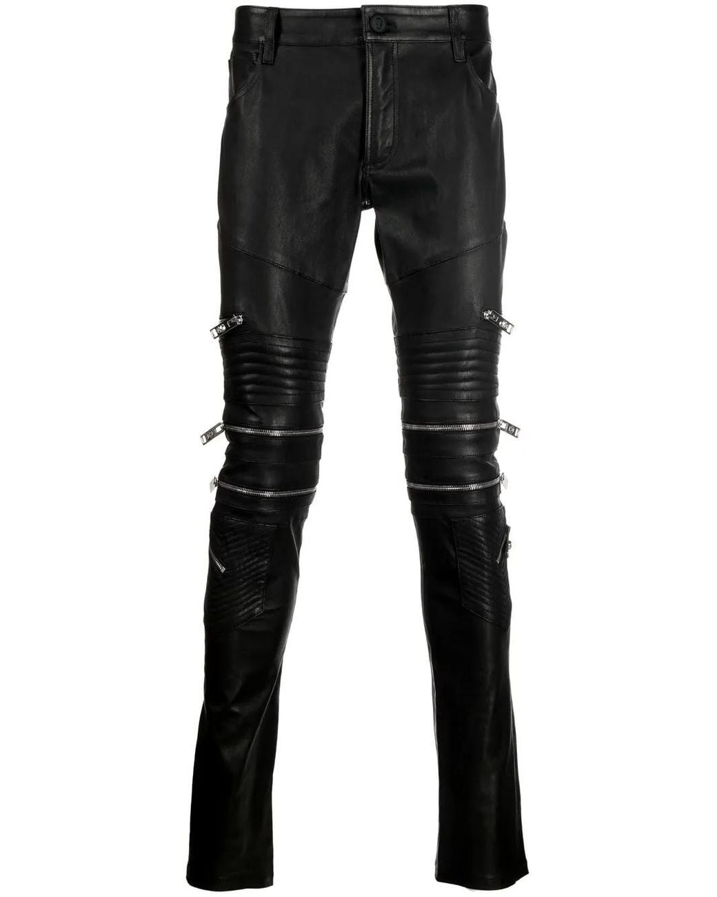 Philipp Plein Black Zippered Leather Biker Trousers for men