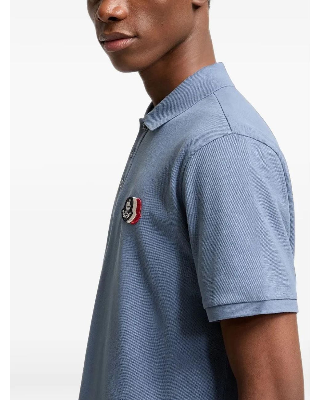 Moncler Blue Cotton Logo-Patch Polo Shirt for men