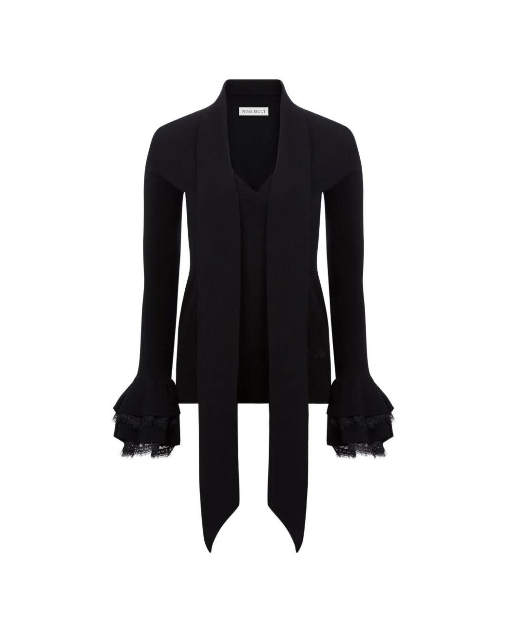 Nina Ricci Black Lace-Trim Ruffled-Cuff Sweater