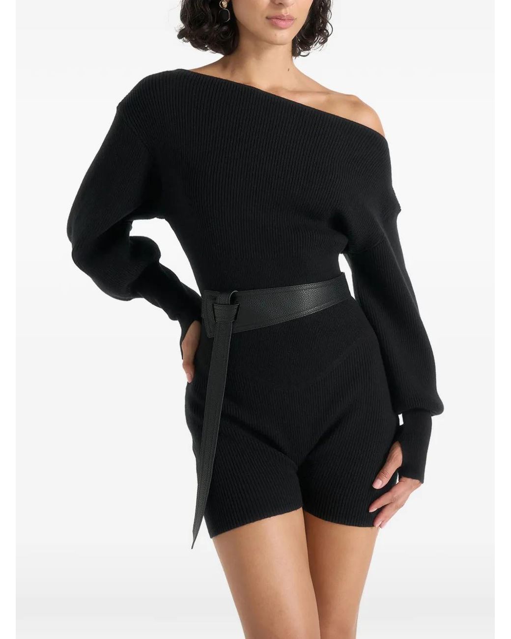 Manière De Voir Black Suzette Off Shoulder Knitted Playsuit With Belt