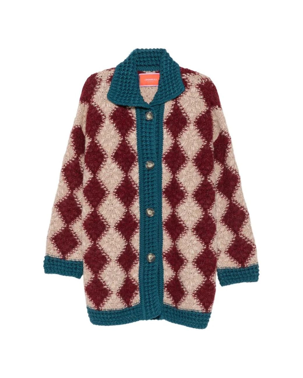 LaDoubleJ Red Argyle-Knit Crochet-Trim Cardigan