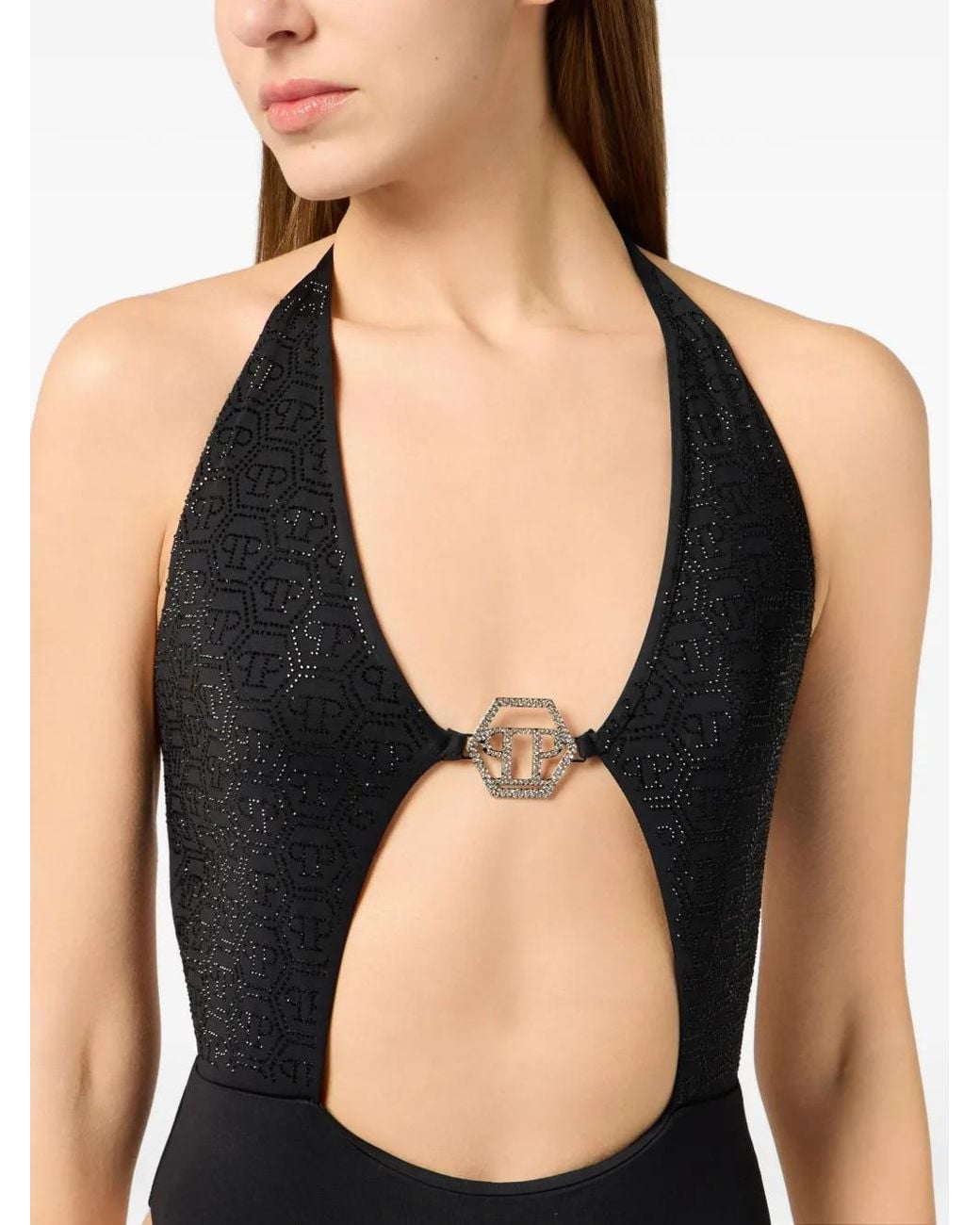 Philipp Plein Black Monokini Monogram Strass