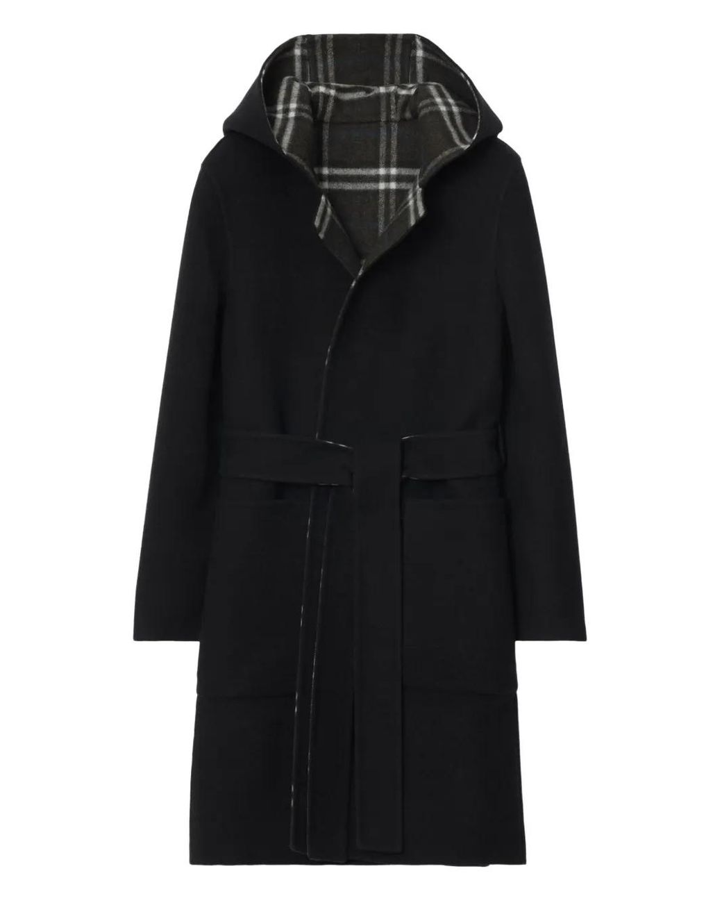 Burberry Black Reversible Wool Hooded Wrap Coat